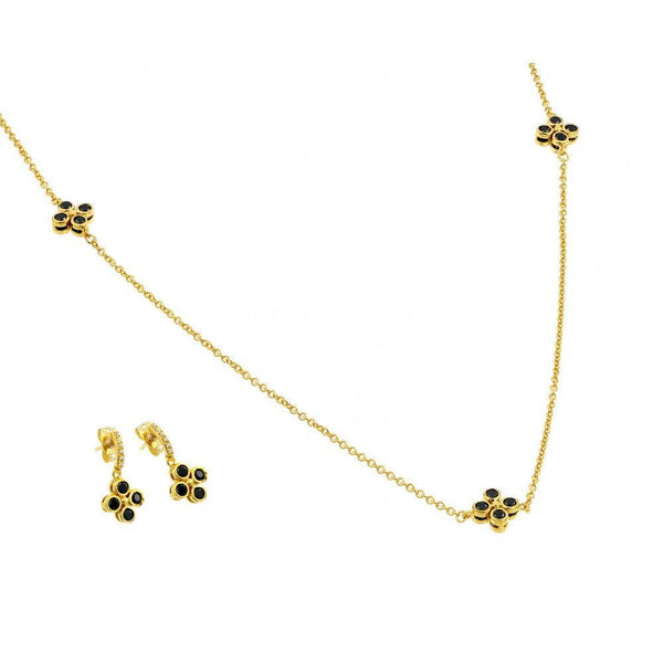Silver 925 Gold Plated Black CZ Dangling Stud Earring Necklace Set - BGS00426 | Silver Palace Inc.