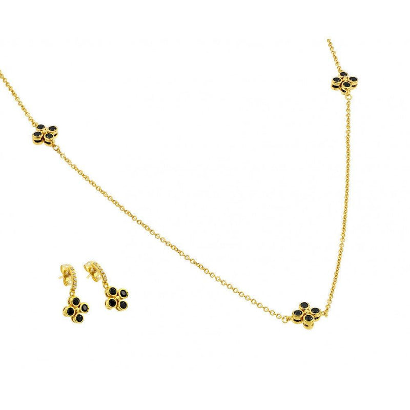 Silver 925 Gold Plated Black CZ Dangling Stud Earring Necklace Set - BGS00426 | Silver Palace Inc.