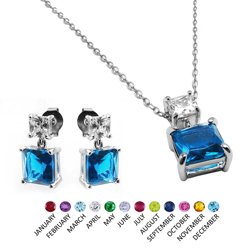 Silver 925 Rhodium Plated Square Birthstone CZ Hanging Set  - BGS00439 | Silver Palace Inc.