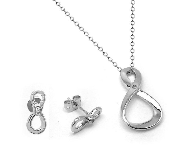 Silver 925 Rhodium Plated Figure 8 Infinity Single Set Clear CZ Stud Earring and Necklace Set - BGS00442 | Silver Palace Inc.