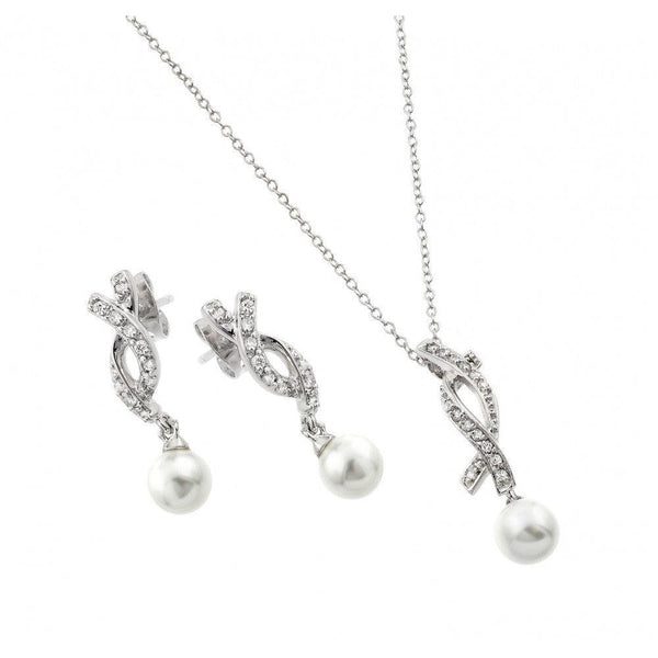 Silver 925 Rhodium Plated Pearl Drop Overlapping Ribbon CZ Hanging Stud Earring and Hanging Necklace Set - BGS00444 | Silver Palace Inc.