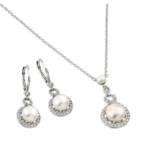 Silver 925 Rhodium Plated Halo Fresh Water Pearl Center Leverback Earring Necklace Set - BGS00446 | Silver Palace Inc.