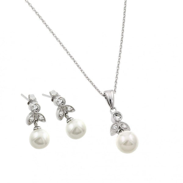 Silver 925 Rhodium Plated Pearl Flower Set - BGS00452 | Silver Palace Inc.