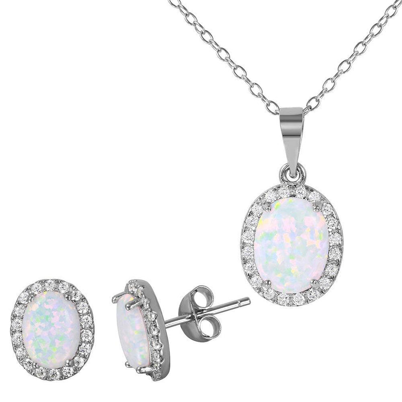 Silver 925 Rhodium Plated Oval Halo Set with Synthetic Opal and CZ - BGS00470 | Silver Palace Inc.