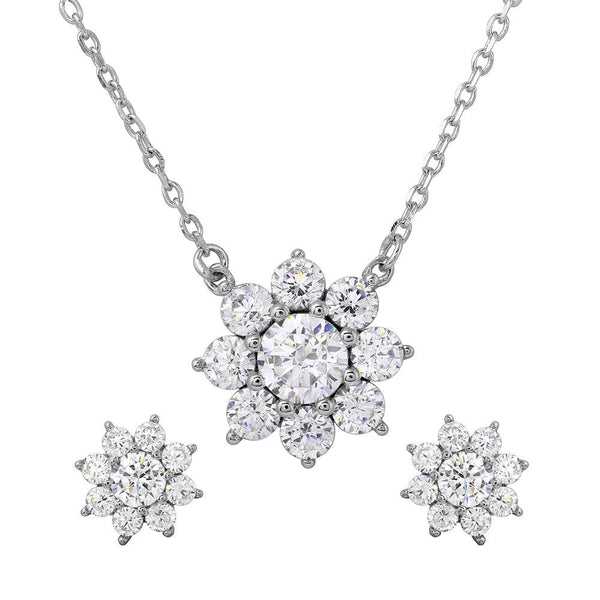 Silver 925 Rhodium Plated Snow Flakes CZ Earrings and Necklace Set - BGS00474 | Silver Palace Inc.