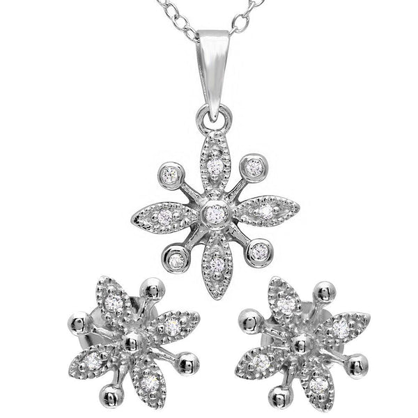 Silver 925 Rhodium Plated CZ Flower Set -  BGS00488 | Silver Palace Inc.