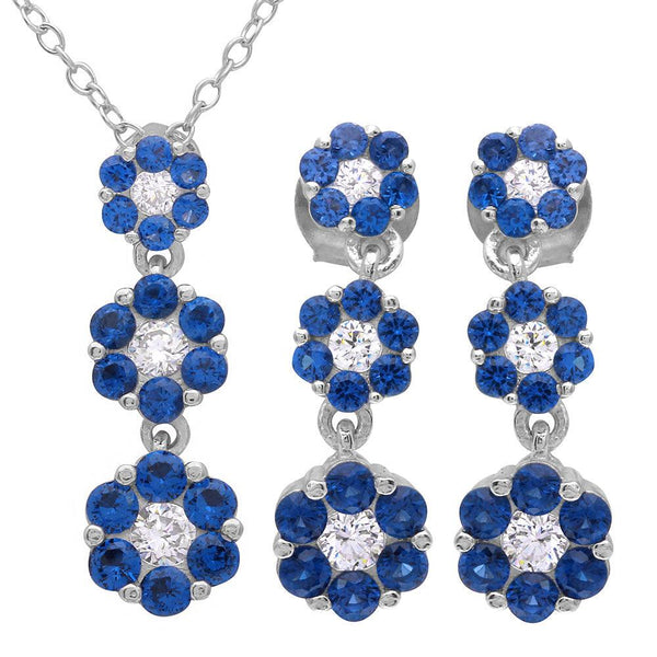 Silver 925 Rhodium Plated 3 Drop Blue CZ Flower Set - BGS00489BLU | Silver Palace Inc.