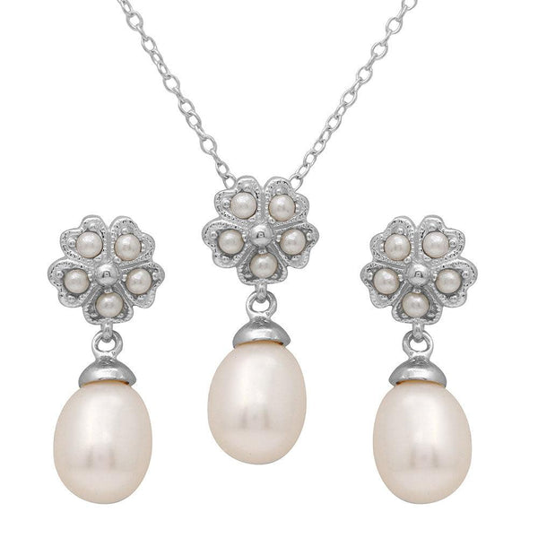 Silver 925 Rhodium Plated Clover Leaf Fresh Water Pearl Set - BGS00499 | Silver Palace Inc.