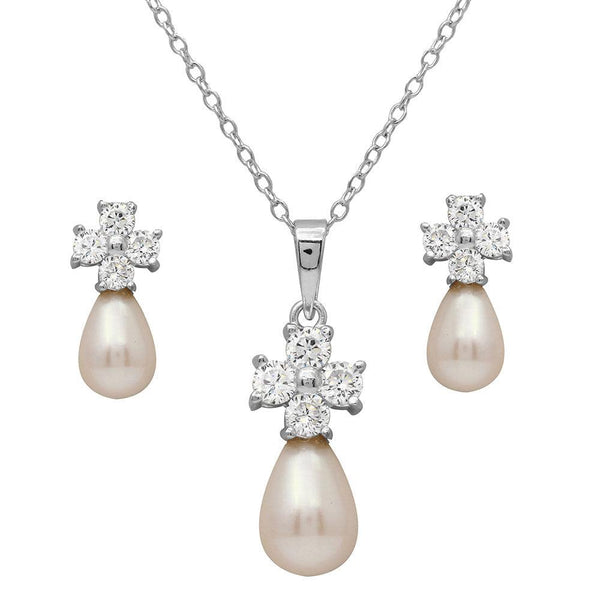 Silver 925 Rhodium Plated CZ Cross Set with Fresh Water Pearl - BGS00502 | Silver Palace Inc.