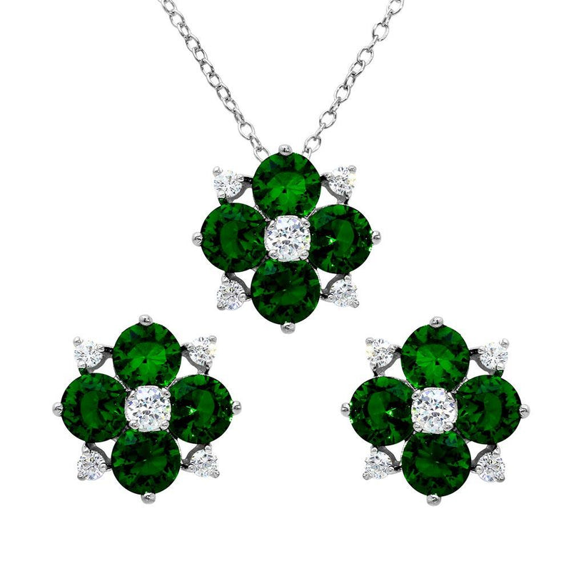 Silver 925 Rhodium Plated Green Flower CZ Sets - BGS00507GRN | Silver Palace Inc.
