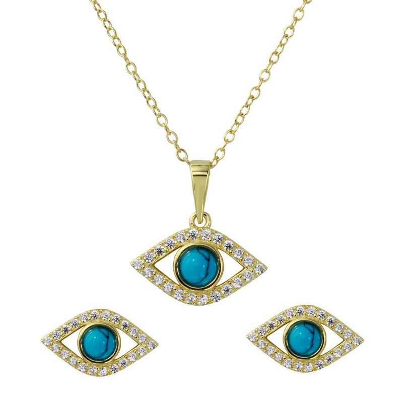 Silver 925 Gold Plated Evil Eye Set with Turquoise Bead and CZ - BGS00513 | Silver Palace Inc.