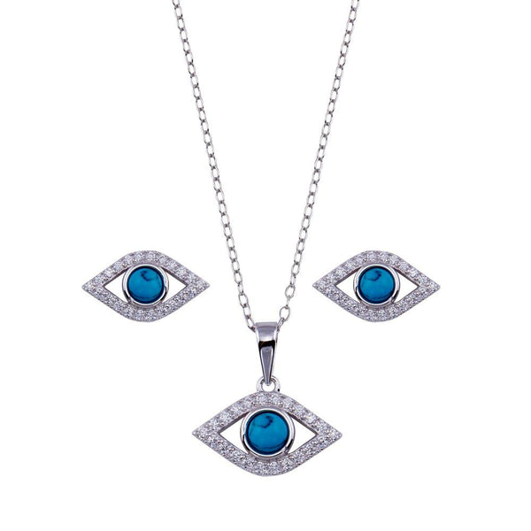 Silver 925 Rhodium Plated Clear CZ Turquoise Evil Eye Set - BGS00513RHD | Silver Palace Inc.