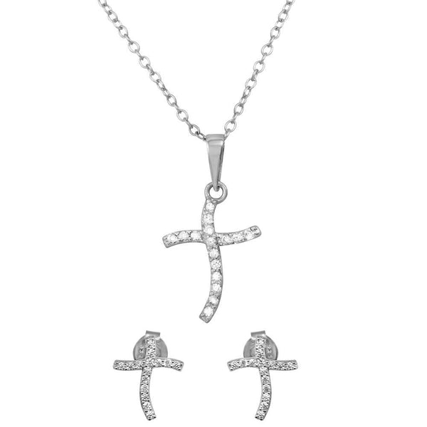 Silver 925 Rhodium Plated Wavy CZ Cross Set - BGS00521 | Silver Palace Inc.