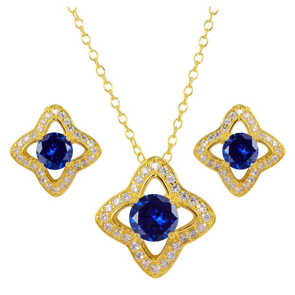 Silver 925 Gold Plated Clover Cross with CZ and Blue Stone Earring and Necklace Set - BGS00523BLU | Silver Palace Inc.