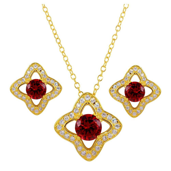 Silver 925 Gold Plated Clover Cross with CZ and Red Stone Earring and Necklace Set - BGS00523RED | Silver Palace Inc.