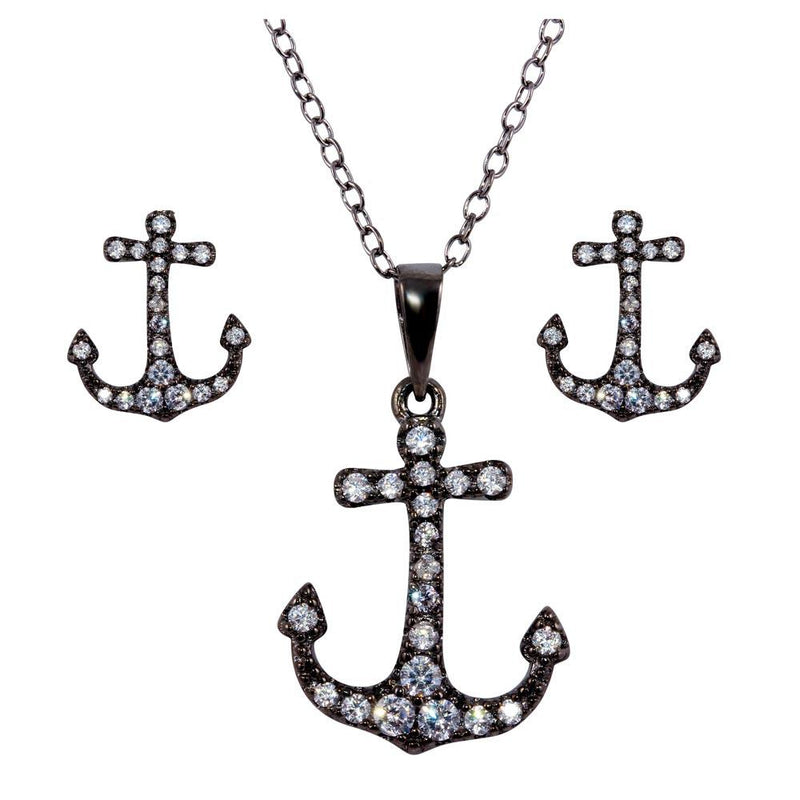 Silver 925 Rhodium Plated Anchor CZ Earring and Necklace Set - BGS00524 | Silver Palace Inc.