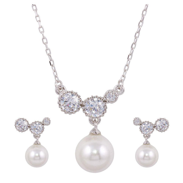 Silver 925 Rhodium Plated White Pearl Earring and Necklace with CZ - BGS00526 | Silver Palace Inc.