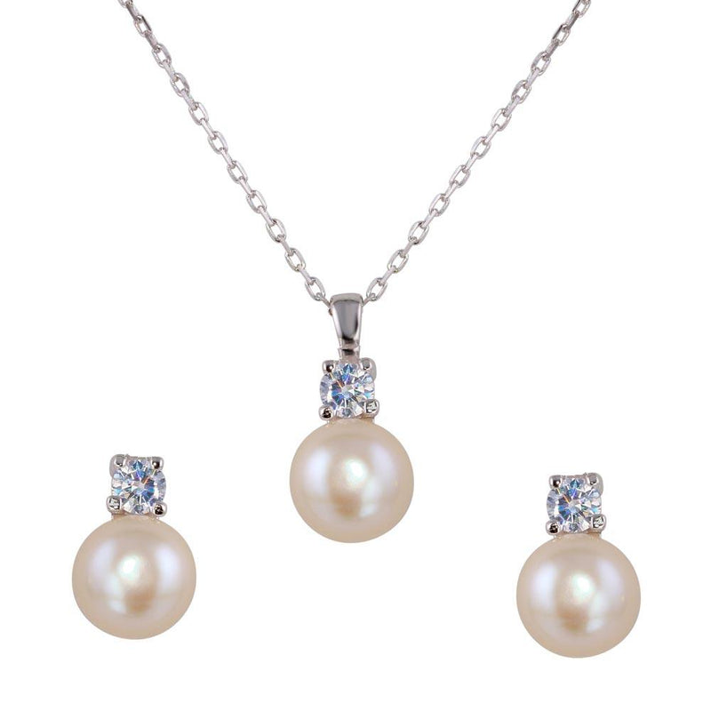 Silver 925 Rhodium Plated Synthetic Pearl Earring and Necklace Set with CZ - BGS00530 | Silver Palace Inc.