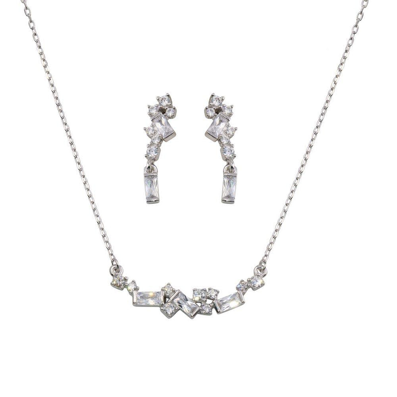 Silver 925 Rhodium Plated CZ and Baguette Stone Necklace and Earrings Set - BGS00532 | Silver Palace Inc.