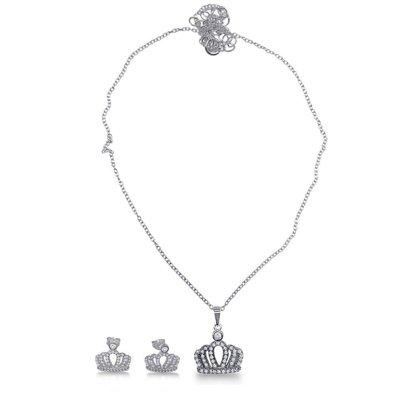 Silver 925 Rhodium Plated Crown Necklace and Earrings Set with CZ - BGS00533 | Silver Palace Inc.