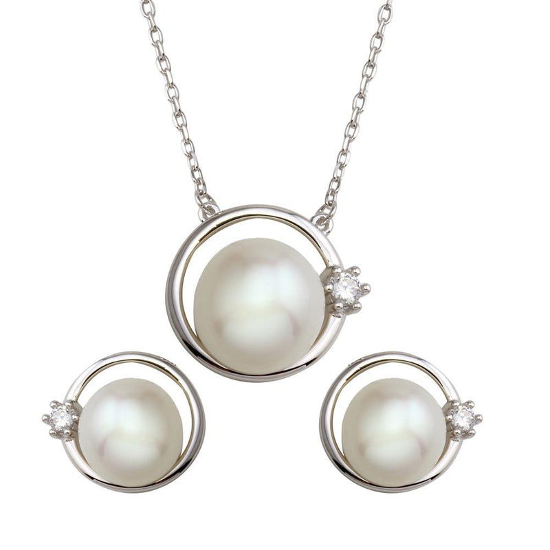 Silver 925 Round Synthetic Pearl with CZ Set - BGS00559 | Silver Palace Inc.