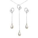 Silver 925 Rhodium Plated CZ Open Heart with Fresh Water Pearl Dangling Set - BGS00562 | Silver Palace Inc.