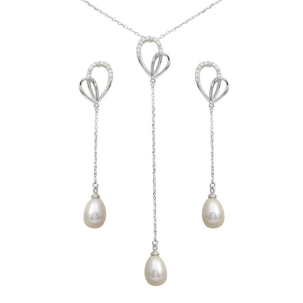Silver 925 Rhodium Plated CZ Open Heart with Fresh Water Pearl Dangling Set - BGS00562 | Silver Palace Inc.
