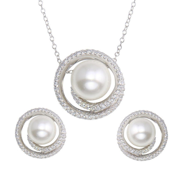 Silver 925 Rhodium Plated Spiral CZ With Synthetic Center Pearl Set - BGS00564 | Silver Palace Inc.
