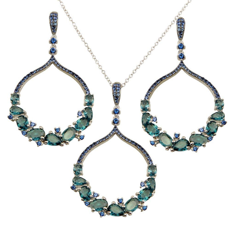 Silver 925 Rhodium Plated Dangling Round Pendant Set with Teal Blue CZ - BGS00568LTBLU | Silver Palace Inc.