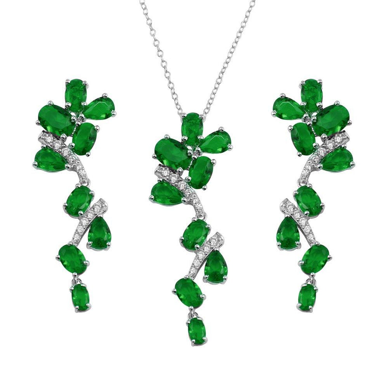 Silver 925 Rhodium Plated Dangling Flower Necklace and Earrings Set with Green CZ - BGS00571GRN | Silver Palace Inc.