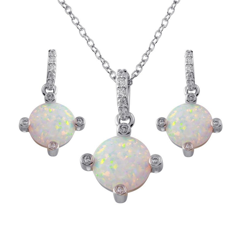Silver 925 Rhodium Plated Round Synthetic Opal  4 Corner CZ Set - BGS00597 | Silver Palace Inc.