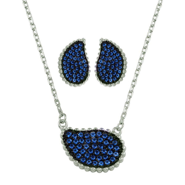 Rhodium Plated 925 Sterling Silver Blue CZ Encrusted Teardrop Set - BGS00605BLU | Silver Palace Inc.