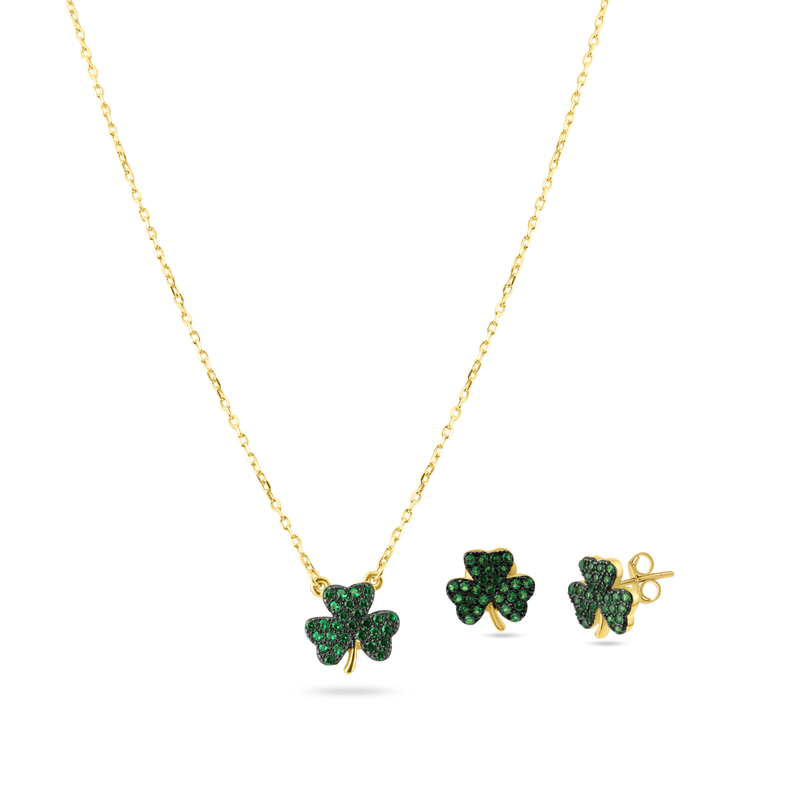 Silver 925 Gold Plated Mini Green Clover Set with CZ - BGS00610 | Silver Palace Inc.