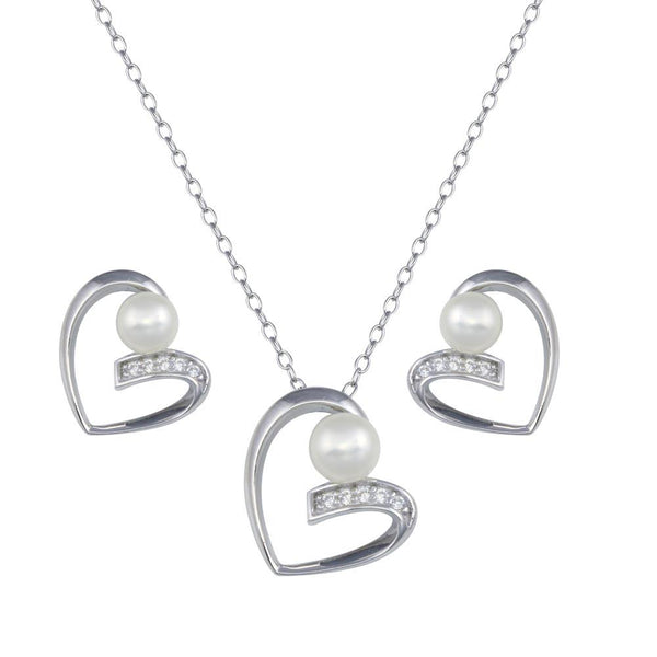 Rhodium Plated 925 Sterling Silver Open Heart Pearl Earring and Pendant Set - BGS00614 | Silver Palace Inc.