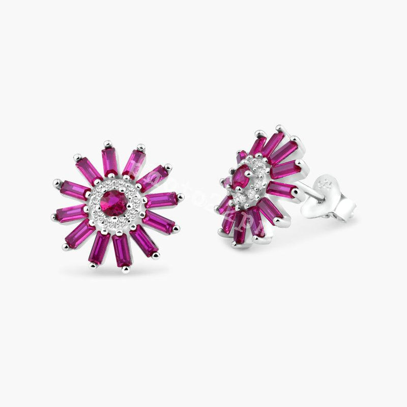Rhodium Plated 925 Sterling Silver Red CZ Sunflower CZ Sets - BGS00622RED