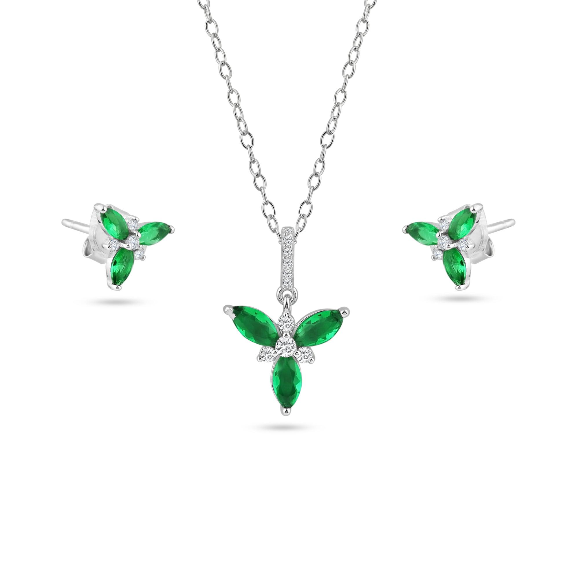 Silver 925 Rhodium Flower Green and Clear CZ Earring and Pendant Set - BGS00624 | Silver Palace Inc.