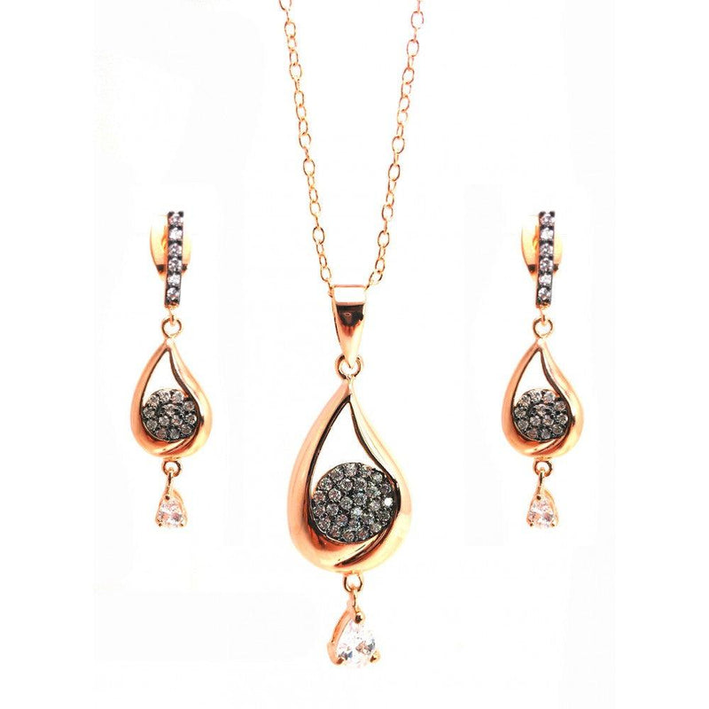 Closeout-Silver 925 Black Rhodium and Gold Plated Clear Open Teardrop CZ Dangling Stud Earring and Dangling Necklace Set - BGS00302 | Silver Palace Inc.