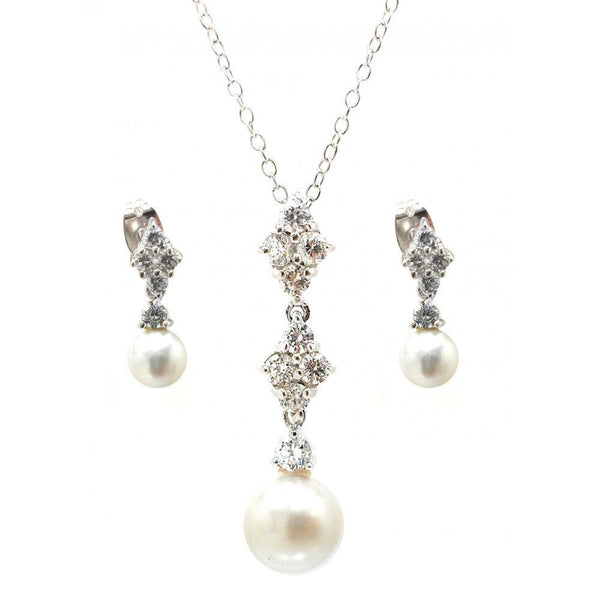 Silver 925 Rhodium Plated Ornate Pearl Clear CZ Stud Dangling Earring and Dangling Necklace Set - BGS00320 | Silver Palace Inc.