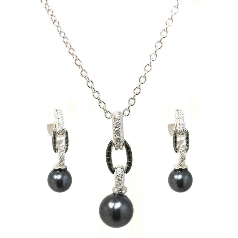 Silver 925 Rhodium and Black Rhodium Plated Black Pearl Clear CZ Dangling Set - BGS00383BLK | Silver Palace Inc.