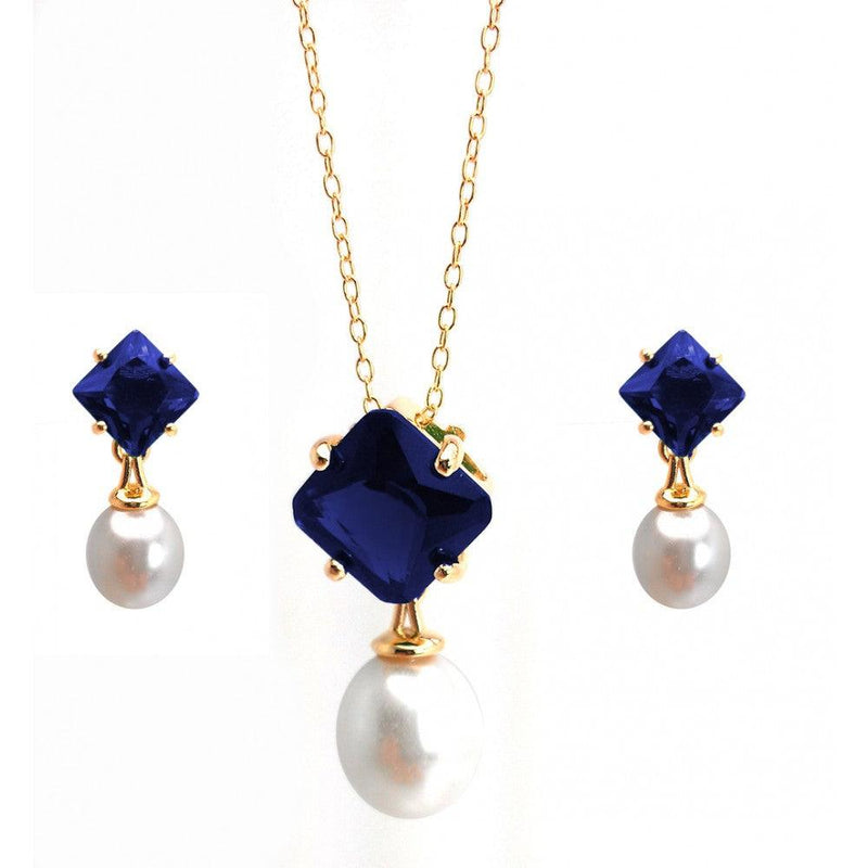 Silver 925 Gold Plated Pearl Drop Diamond Shaped Blue CZ Dangling Stud Earring and Dangling Necklace Set - BGS00432BLU | Silver Palace Inc.