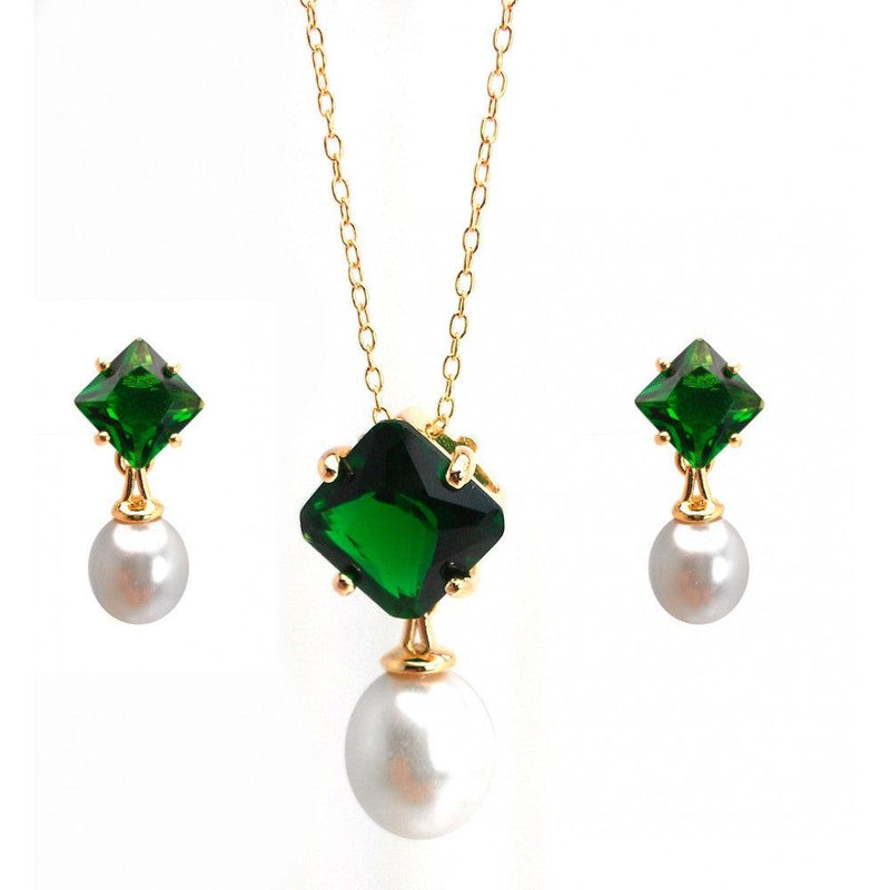 Silver 925 Gold Plated Pearl Drop Diamond Shaped Green CZ Dangling Stud Earring and Dangling Necklace Set - BGS00432GRN | Silver Palace Inc.