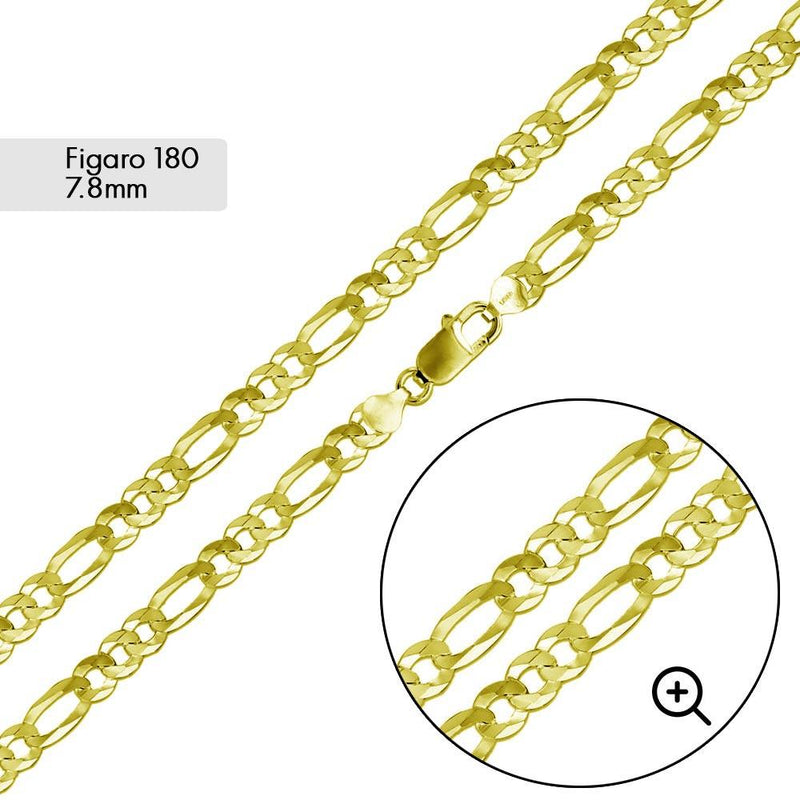 Silver Gold Plated Super Flat Figaro 180 Chain 7.8mm - CH275 GP | Silver Palace Inc.