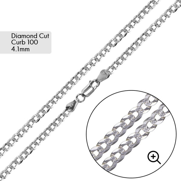 Curb 100 1 Side Diamond Cut 1 Side Plain Chain 4.1mm - CH627 | Silver Palace Inc.