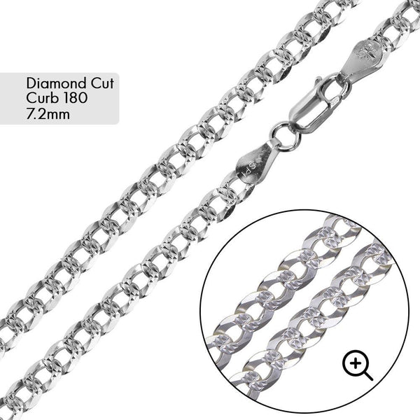Curb 180 1 Side Diamond Cut 1 Side Plain Bracelet and Chain 7.2mm - CH630 | Silver Palace Inc.