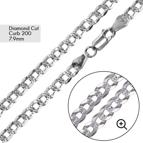Curb 200 1 Side Diamond Cut 1 Side Plain Chain 7.9mm - CH631 | Silver Palace Inc.