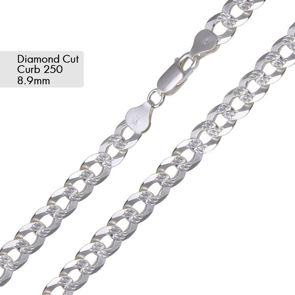 Curb 250 1 Side Diamond Cut 1 Side Plain Chain 8.9mm - CH633 | Silver Palace Inc.
