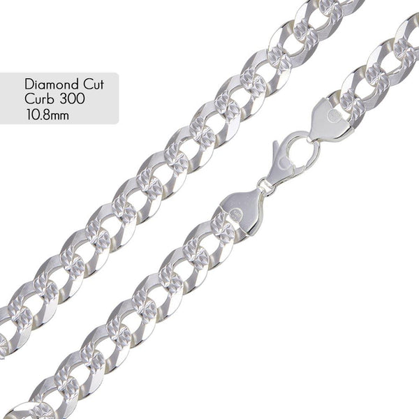 Curb 300 1 Side Diamond Cut 1 Side Plain Chain 10.8mm - CH634 | Silver Palace Inc.