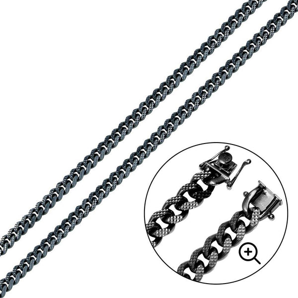Silver 925 Black Rhodium Miami Curb Platinlux Plated One Sided Pyramid Pave 180 Box Lock 6.3mm Chain - CH955A BLK | Silver Palace Inc.