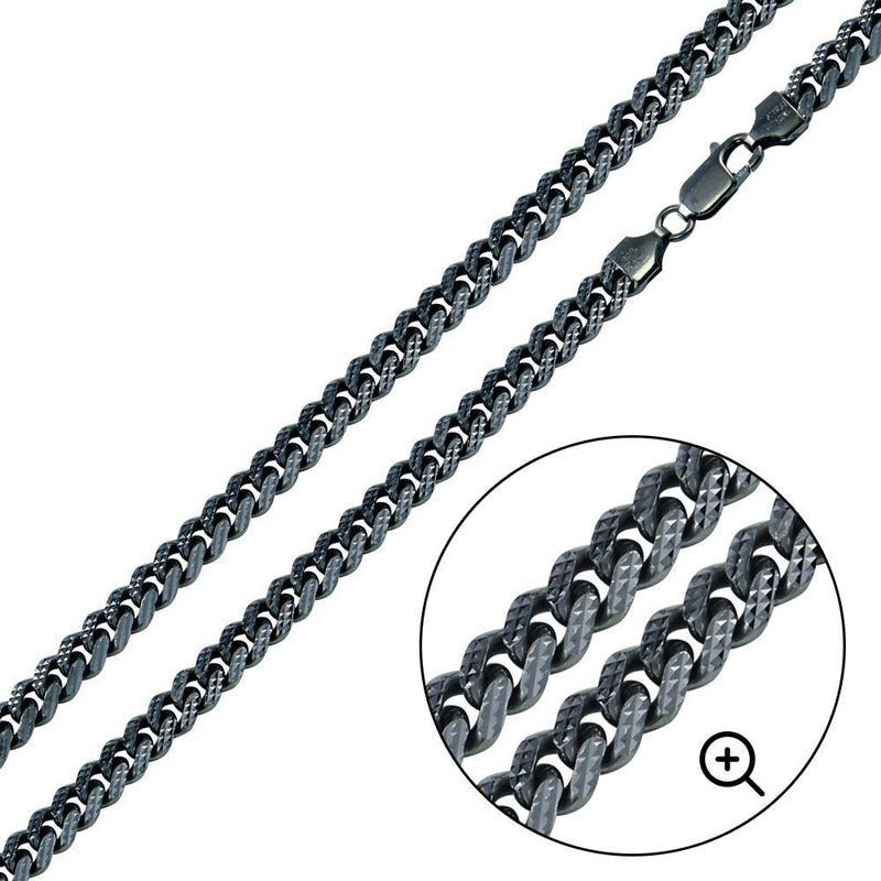 Silver 925 Miami Curb Platinlux Plated One Sided Pyramid Pave 200 7mm Chain - CH956 BLK | Silver Palace Inc.