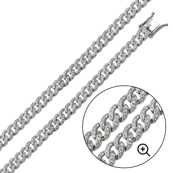 Silver 925 Rhodium Plated CZ Encrusted Curb Chains 8.9mm - CHCZ105 RH | Silver Palace Inc.